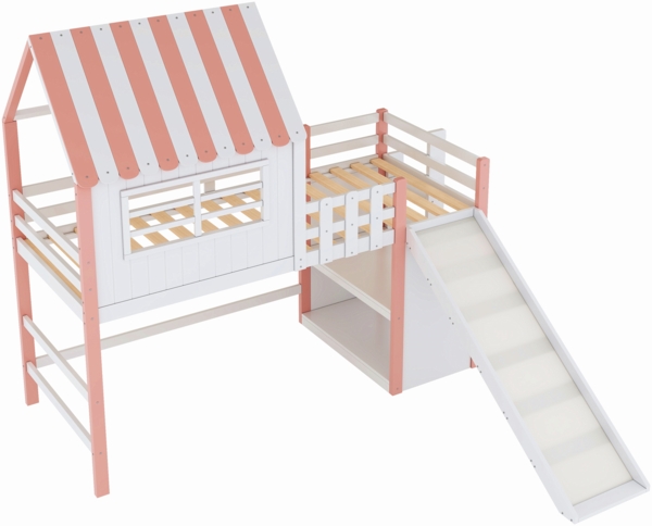 Kinderhochbett mit Rutsche und Stauraum 90x200 cm, Massivholz Kiefer mit Dachdesign,Spielbett Rosa Bild 7