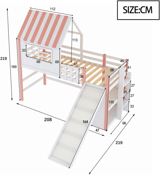Kinderhochbett mit Rutsche und Stauraum 90x200 cm, Massivholz Kiefer mit Dachdesign,Spielbett Rosa Bild 4