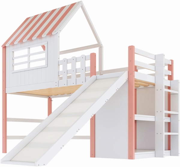 Kinderhochbett mit Rutsche und Stauraum 90x200 cm, Massivholz Kiefer mit Dachdesign,Spielbett Rosa Bild 8
