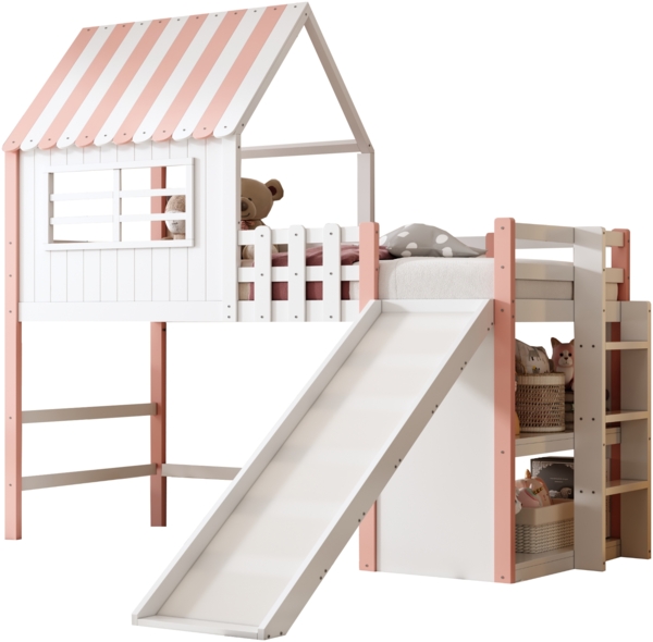 Kinderhochbett mit Rutsche und Stauraum 90x200 cm, Massivholz Kiefer mit Dachdesign,Spielbett Rosa Bild 5