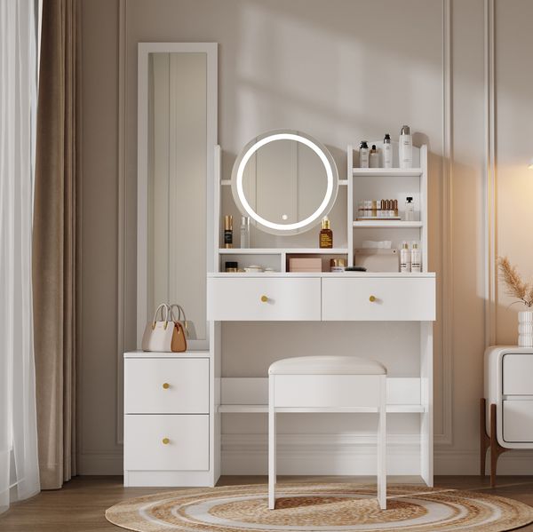 Weißer Schminktisch mit Ganzkörperspiegel und LED Beleuchtung – 4-in-1 Beauty-Kommode mit Kosmetikspiegel, gepolstertum Hocker und Aufbewahrungsschubladen für Make-up Organisation – Stabile Schminkkommode für Schlafzimmer, 164cmx36cmx109cm, Weiß