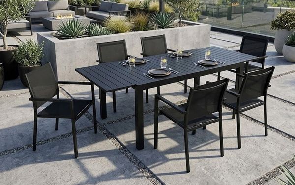 Gardissimo Garten-Essgruppe "Life" 6 Stapelstühle + 1 XL Ausziehtisch aus Alu, (Spar-Set, 7-tlg, 6 Stapelsessel + 1 Ausziehtisch), wetterfest / Aluminium / pflegeleicht / für 6 Personen