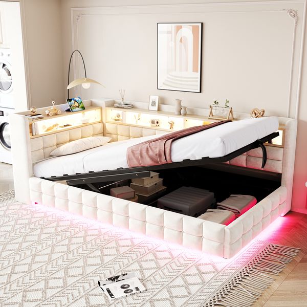 Merax Einzelbett, Polsterbett Schlafsofa 90 × 200 cm, Mit Hydraulischem Stauraum, Holzregal, LED-Lichtleiste, Steckdose, USB- und Typ-C-Ladeanschlüssen, Samt, Beige