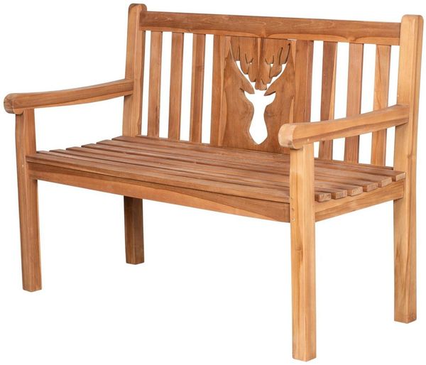 deVries Gartenbank deVries Teakholz Gartenbank Woodie Hirsch 120 cm, naturbelassenes Massivholz aus Teak, eingearbeitetes Hirschmotiv
