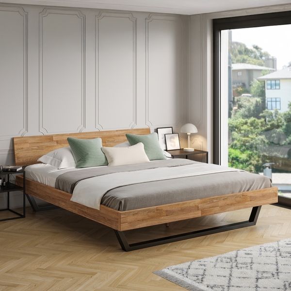 skølm 'Alver' Bett 180x200 cm, Bettgestell, natur geölt, Massivholzbett aus Eiche mit Metallkufen, Doppelbett mit durchgehendem Bettkopf