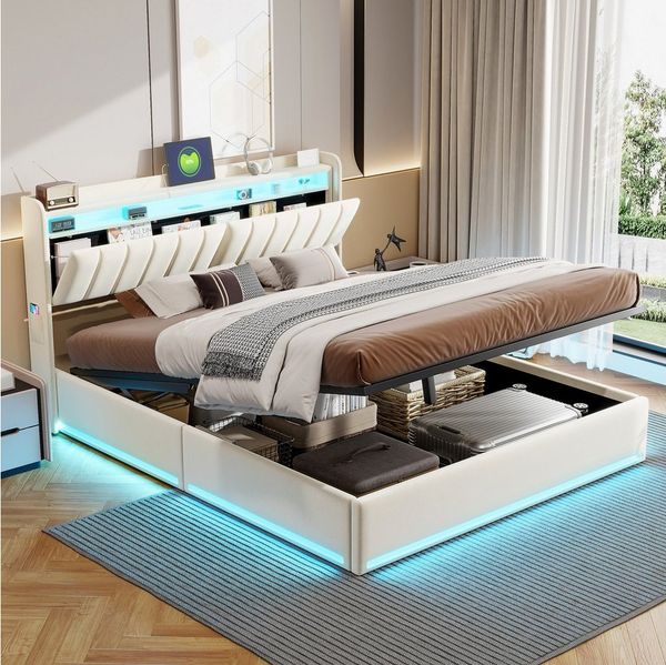 PXloue Polsterbett LED Doppelbett, Bettkasten, Ladefunktion, Samt, 160x200 cm