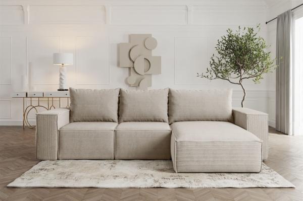 Ecksofa Sofa mit Schlaffunktion ESTELLE in Stoff Poso Beige Ottomane Rechts