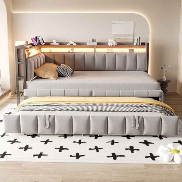 Merax Daybett 90x200cm Schlafsofa mit LED-Beleuchtung & USB-Anschluss (Sofabett Jugendbett Kinderbett, 1 tlg), Polsterbett Samtstoff Tagesbett mit Ausziehbett Stauraum Ablagefächern