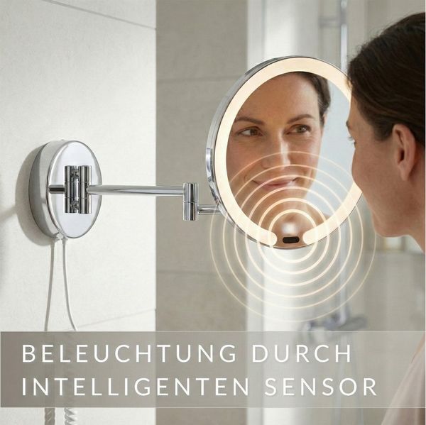 Libaro Kosmetikspiegel mit Sensor + Dimmer LED 7-fach Vergößerung VITTORA Schminkspiegel, Vergrößerungsspiegel 7x Bewegungssensor Wandmontage weißes Kabel Licht