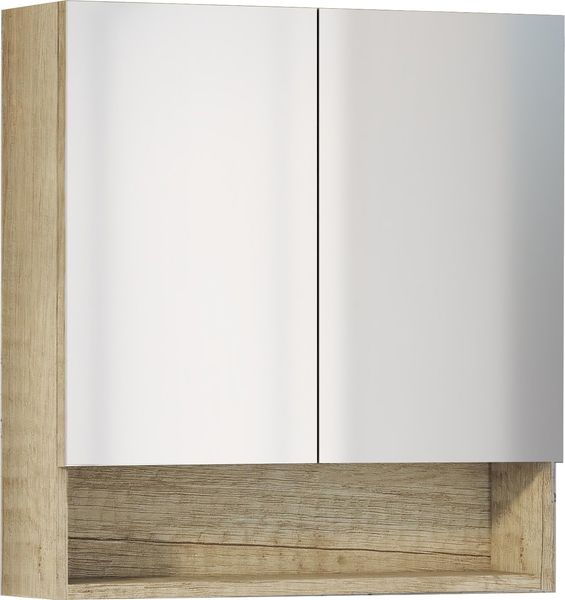 Baikal Camerino Schrank mit Spiegel, Mehrzweck-Badezimmerschrank, wahlweise mit oder ohne LED-Licht, einfache Montage, montierter Schrank, Natur-Finish, offen, 2 Türen, 60 cm