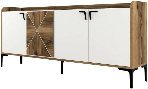 Dmora Konsolentisch Also, Wohnzimmer-Sideboard, niedriger TV-Schrank, ausgestatteter Wandsockel, 180 x 35 h78 cm, Walnuss und Weiß