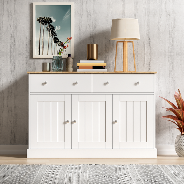 Sideboard aus Spanplatte mit Relief-Türen & Push-to-Open, 120x36x80,5 cm, Weiß