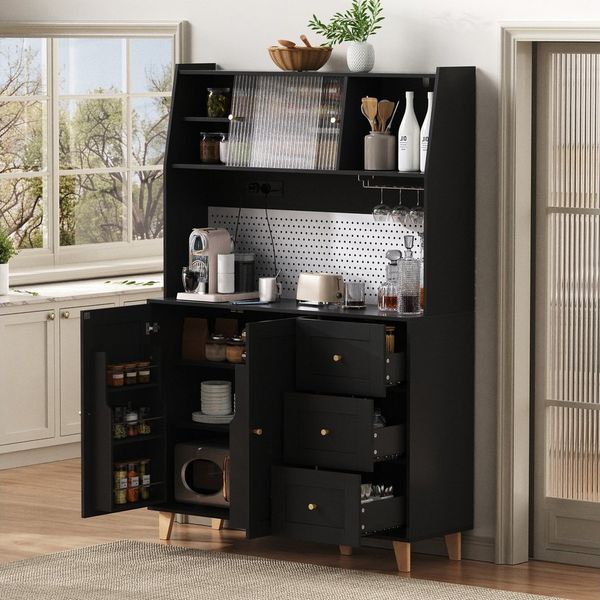 Flieks Küchenbuffet mit Steckdosen, Lochwand, Gläserhalter, Glas-Schiebetür und Schubladen (120 x 40 x 184 cm, 1-St, Mehrzweckschrank mit Arbeitsplatte, Türablagen und Massivholzbeinen) Hochschrank Küchenschrank Geschirrschrank mit verstellbarer Ablagen