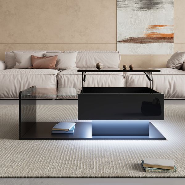Couchtisch mit Glasplatte, höhenverstellbar & LED-Lichtleiste, 100x50x33/47,5 cm, Schwarz