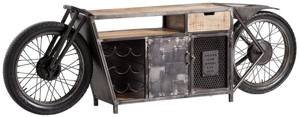 Konsolentisch Harlow-Bike - TV-Sideboard, Mangoholz, Metall & mehr für Upcycling und Motorbike-Design im sachlichen Stil
