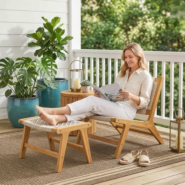 Outsunny Sitzgruppe mit Hocker, Rattan-Sitz, Boho-Stil, verstellbare Füße, (Lounge Set, 2-tlg, Outdoor Loungesessel), für Garten Balkon Beige