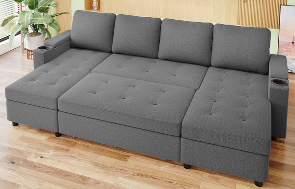 HOMALL Sofa Schlafsofa U Ecksofa, mit Schlaffunktion und Bettkasten, Becherhaltern