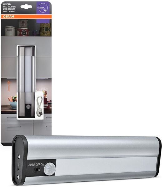 Osram LinearLED Mobile USB LED Unterbauleuchte 200, Wiederaufladbare LED Leuchte mit Bewegungssensor, Aluminium, IP20, 200 x 50 x 22 mm, USB-Akku