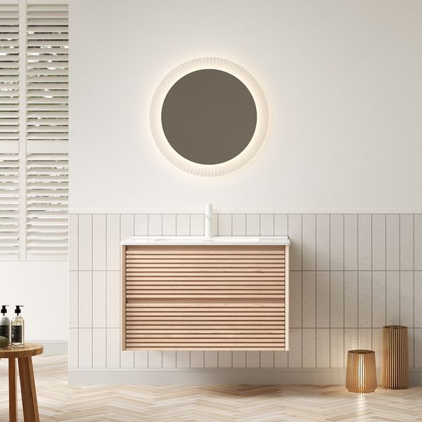 Wandmontie Badezimmer-Waschtisch mit Weißes Rechteckigem Keramik-Unterbauwaschbecken,Gestreifter Sperrholz Schrank mit 2 Schubladen Vormontiert,Zimt Walnuss Holzmaserung Farbe,81 cm