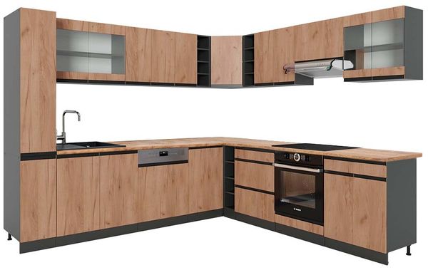 Eckküche R-Line Goldkraft Eiche/Anthrazit 277 x 60 cm J-Shape, AP Eiche Vicco