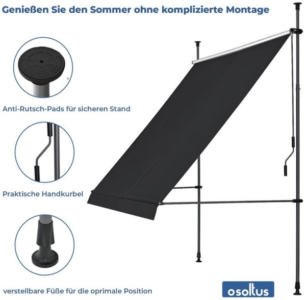 osoltus Balkon Klemmmarkise 250 x 130cm Balkonmarkise Sonnenschutz dunkelgrau Bild 2