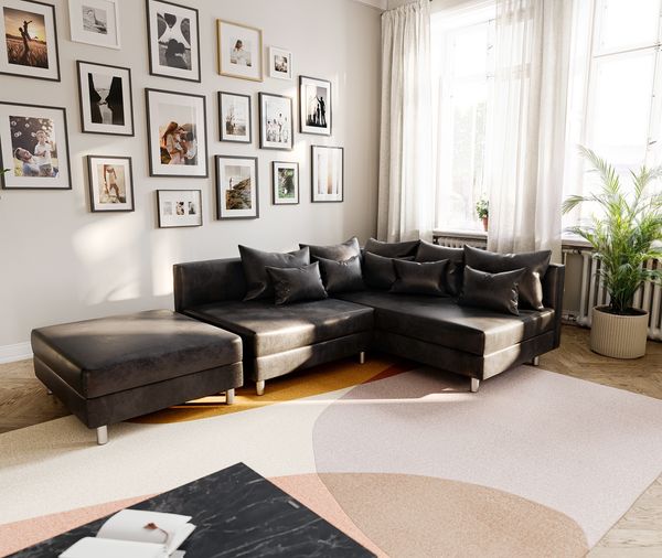 Eckcouch Clovis Anthrazit Antik Optik mit Hocker Ottomane Rechts Ecksofa Modular