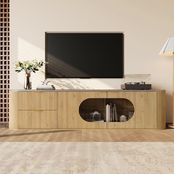 TV-Schrank 172x38x45,5 cm in Naturholzoptik mit 3D-Türen, ovaler Glasvitrine und viel Stauraum