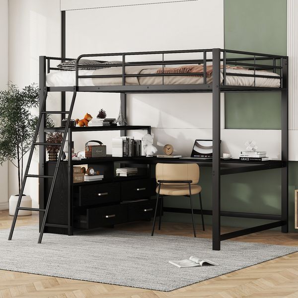 Hochbett 140x200 cm mit Metalllrahmen, L-förmigem Schreibtisch und Schubladen, MDF-Oberflächen, Schwarz