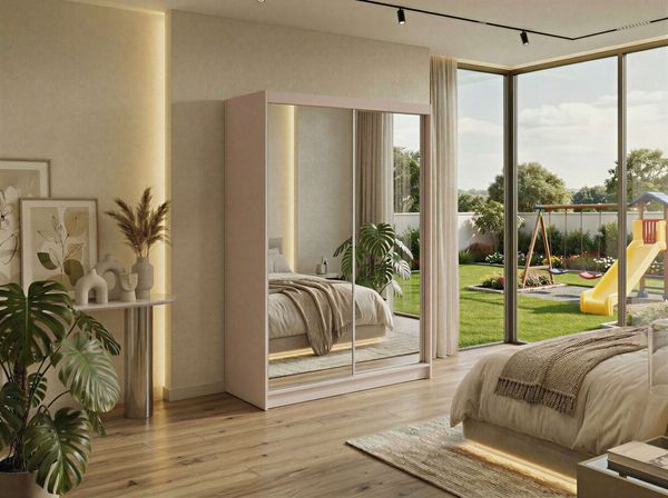 Schwebetürenschrank DUBROWNIK mit großer Spiegelfront, moderner Kleiderschrank, Breite 150 cm - Kaschmir