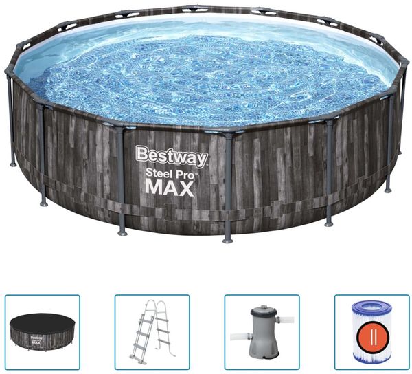 Bestway Steel Pro MAX Frame Pool Komplett-Set mit Filterpumpe Ø 427 x 107 cm, Holz-Optik (Mooreiche), rund