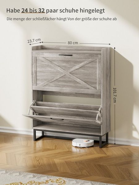 FiveWillowise Schuhschrank schmal, Schuhkipper mit 2 Klappen und 4 Ablageflächen für Flur (1-St) Schuhkommode aus Holz mit Metallfüßen, 80x23,7x101,7 cm
