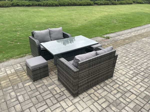 Fimous Rattan Möbel Garten Essgarnitur Höhenverstellbarer steigender Hubtisch Liebe Sofa Satz mit 2 kleinen Fußhockern Dunkelgrau Gemischt