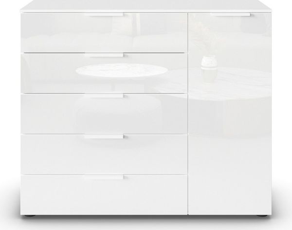 Rauch Möbel Flipp, Kombikommode, Kommode mit Stauraum für Wohnzimmer, Schlafzimmer, Flur, 2 Fachböden, Alpinweiß/Glasfront Weiß, 1-türig, 5 Schubkästen, Griffe weiß, 120 x 100 x 42 cm Bild 2