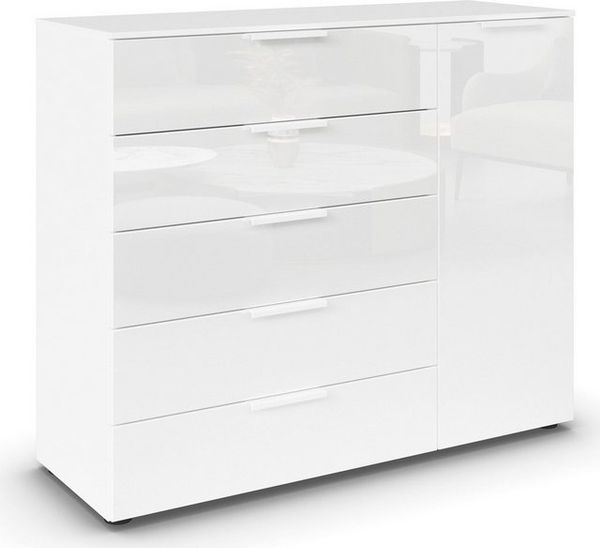 Rauch Möbel Flipp, Kombikommode, Kommode mit Stauraum für Wohnzimmer, Schlafzimmer, Flur, 2 Fachböden, Alpinweiß/Glasfront Weiß, 1-türig, 5 Schubkästen, Griffe weiß, 120 x 100 x 42 cm Bild 4