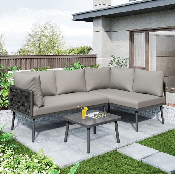 Flieks Gartenlounge-Set, (3-tlg), 4-Sitzer L-förmiges Gartenmöbel Sofagarnitur Eisen, 2 Sofas + 1 Tisch