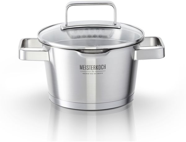 MEISTERKOCH Topf aus gebürstetem Edelstahl 16 cm Ø | mit Ausguss, Innenskalierung und isolierenden Kaltgriffen | 1 Glasdeckel mit feinem und grobem Sieb | Kochgeschirr rostfrei, induktionsgeeignet