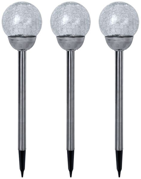 3x LED Solarlampe, Edelstahl silber, Bruchglas Kugel, H 56 cm