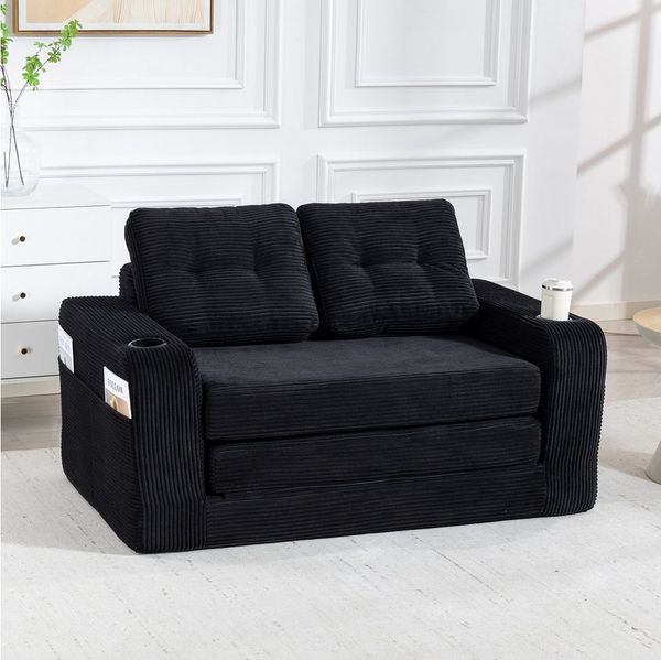 MODFU Sofa Rahmenloses Zweisitzer-Loungesofa aus Cordstoff mit Seitentaschen, Getränkehaltern und umbaubarem Sitzsack, gestepptes Design für maximalen Komfort