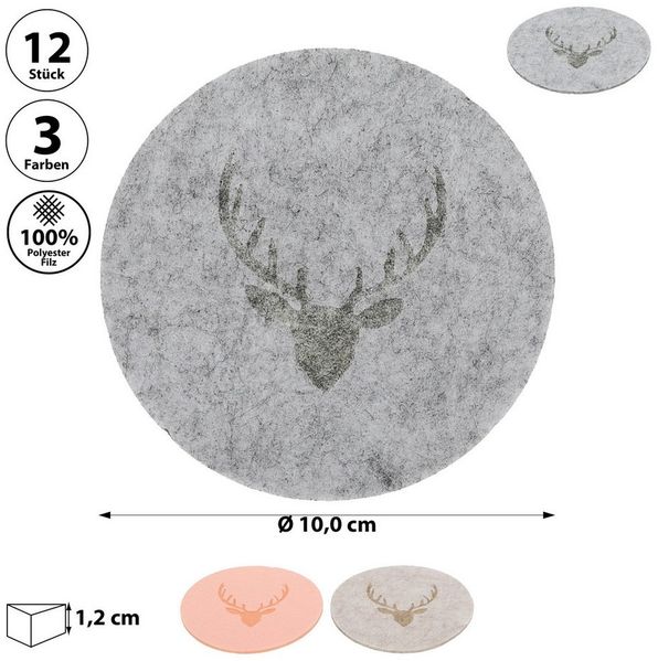 CEPEWA Glasuntersetzer Glasuntersetzer Hirschgeweih 12er Set Polyester Ø10cm rund 3 Farben