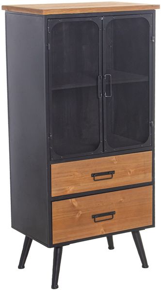 DRW Vitrine mit 2 Türen, Metallgitter und 2 Schubladen aus MDF in Schwarz und Natur, 60 x 38 x 121 cm
