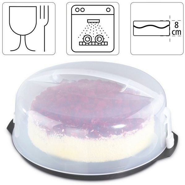 Xavax Kuchen-Transportbox rund mit Deckel Kuchenbehälter 31,5 cm Durchmesser, Innenhöhe 8 cm,Kuchenbox mit Stückeinteilungshilfe,Tortenplatte anthrazit, Transparent