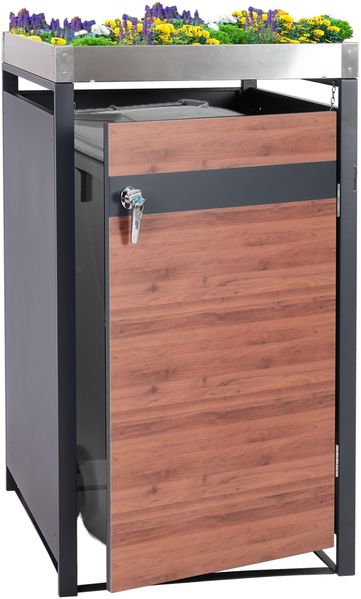 1er Mülltonnenverkleidung mit Pflanzkasten HWC-J82, erweiterbar, Metall 37kg, anthrazit ~ Kirsche-Holzoptik dunkelbraun