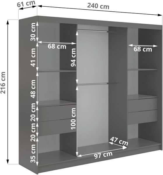 Schwebetürenschrank LUMOS in Grau inkl. Innenausstattung, mit Lamellen-Optik, Weiß, Breite 240 cm, moderner Kleiderschrank - mit Schubladen Bild 5