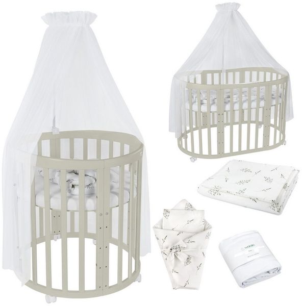 Waldin Babybett Mobiles Babybett OWAL aus Holz 7in1 mit Matratze, mitwachsend
