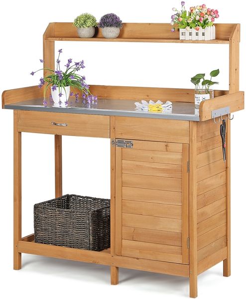 Yaheetech Pflanztisch mit Schubladen & Unterschrank, Blumentisch Gärtnertisch mit verzinkter Arbeitsplatte, wetterfest, 101 x 46 x 125 cm, Holzfarbe