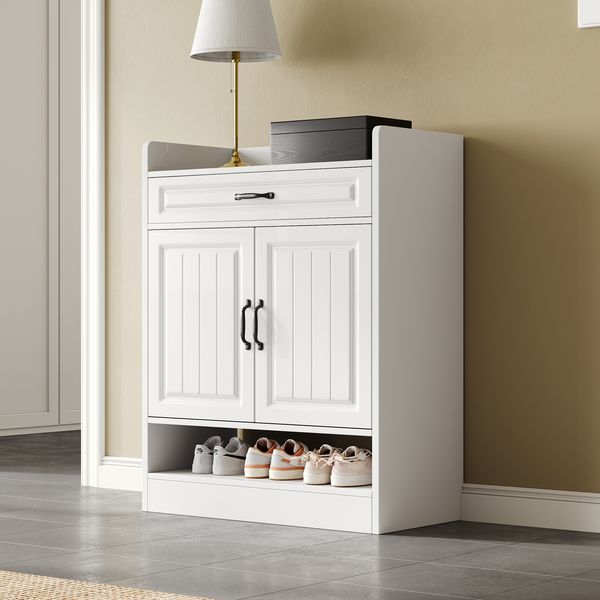 Schuhschrank 75x36x95.5 cm, weiß mit schwarzen Griffen, verstellbare Einlegeböden und Schublade,Weiß