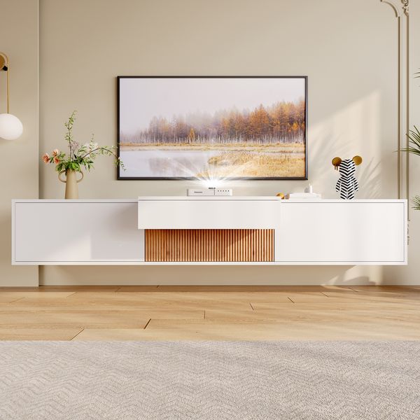 MODFU TV-Schrank Kompaktes Board für Wohnungen jeder Größe (Packung, 1-St, Mit einzigartiger Maserung und Doppelfunktion für Ihr Entertainment) 180 cm Breite, ausziehbare Projektorablage, Stauraum, Weiß