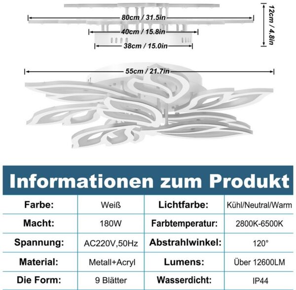 FIVMEN LED Deckenleuchte Dimmbar Deckenlampe mit Fernbedienung Moderne, Deckenbeleuchtung Energie Sparen Schlafzimmerlampe