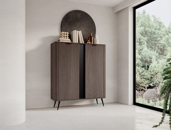 MOEBLO Kommode LARON 2D (Eiche Dunin mit 2 Türen, modernes Industrial & Japandi Design, Metallgriffe & Füße, geriffelte Zierleiste, elegantes Stauraummöbe, Sideboard Wohnzimmer Kommode Schlafzimmer Komodenschrank Highboard), (BxHxT): 113,2 x 134,2 x 38 cm