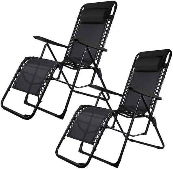 Brixy Faltbare Gartenstühle 2er Set Liegestühle - Faltbar - Verstellbar - Ergonomisches Kopfkissen - Metall - Textil - Schwarz